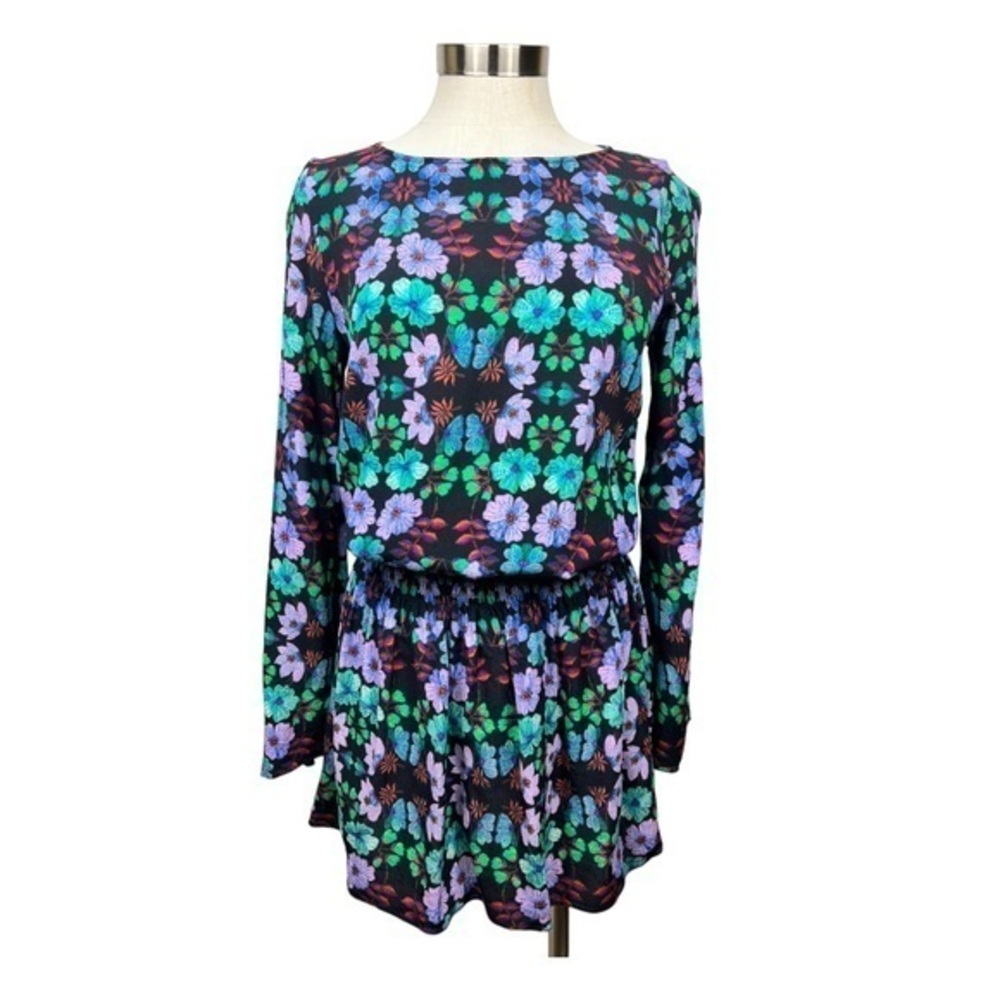 Artelier Nicole Miller Black Floral Print Long Sleeve Mini‎ Dress Petite